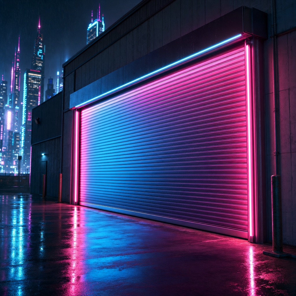 Neon-lit industrial roller shutter on a city building at night